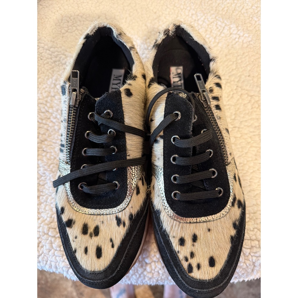 Myra Bag Spotted Cowhide Hair on Hide Sneakers Black White Silver Size 7‎